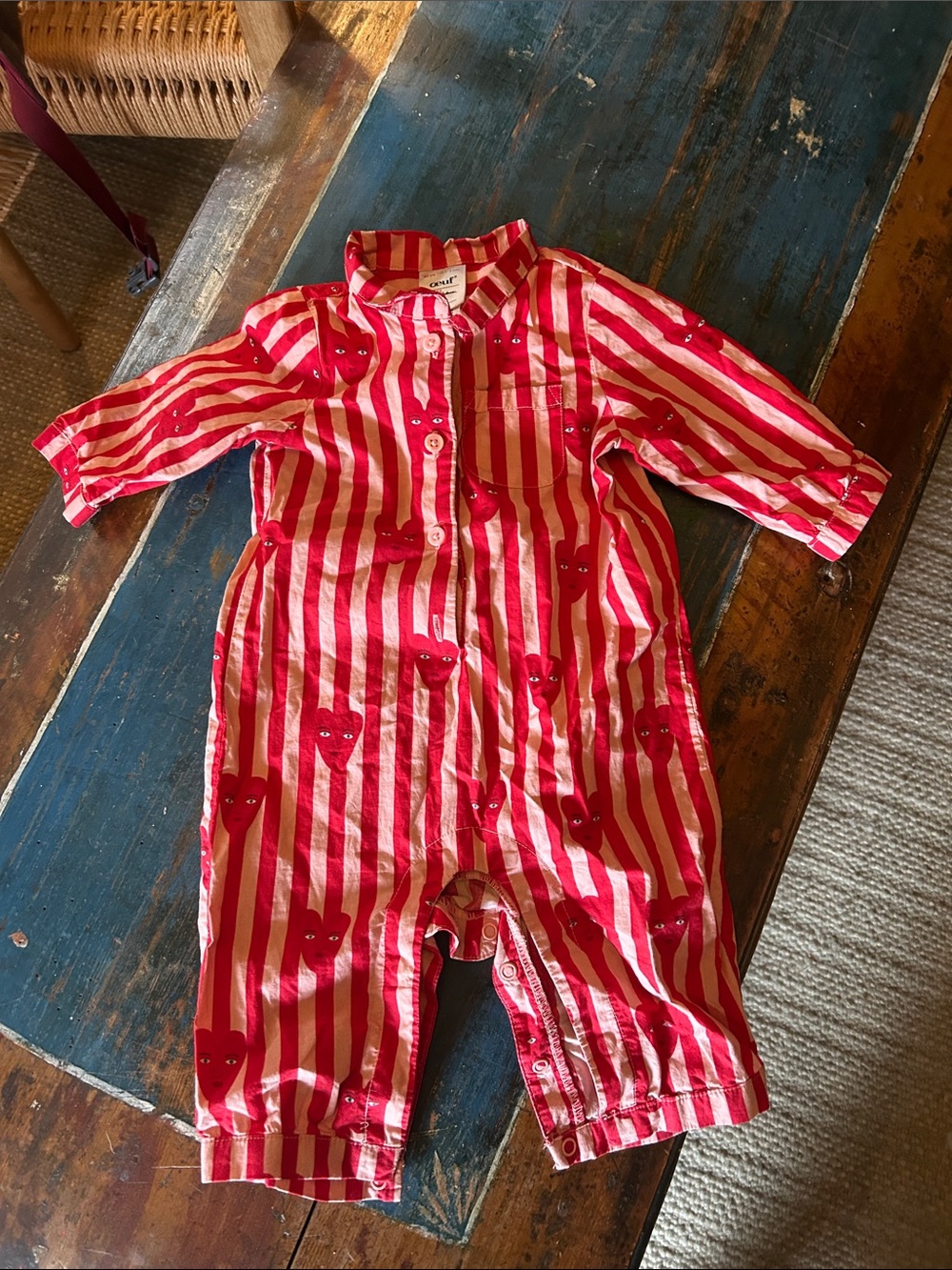 Oeuf for Hannah Andersson Red & White Striped One-Piece with Heart Motifs
